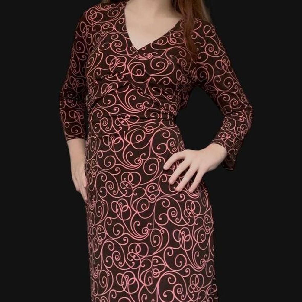 Giorgio fiorlini Y2K pink swirls brown midi dress 3/4 sleeves V-neckline Size S